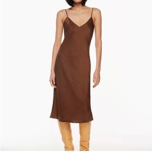 WILFRED ONLY SLIP SATIN MIDI DRESS IN COGNAC